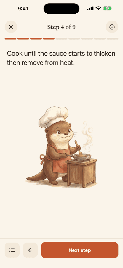 Otto's cook mode: one step of a recipe in large type, with Otto illustrated below and a Next step button.