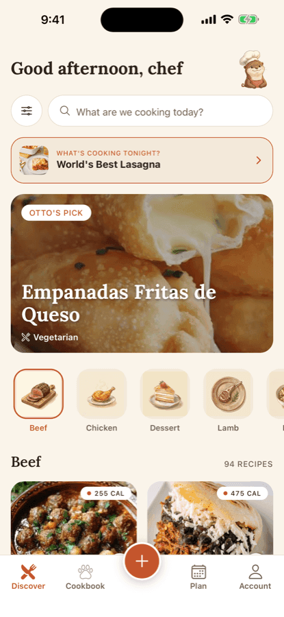 Otto's Discover screen: a greeting, a recipe being planned for tonight, and real dishes grouped by category.