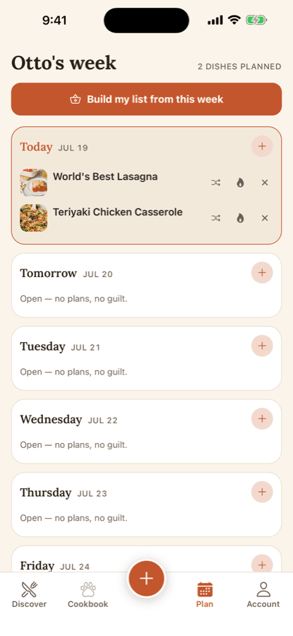 Otto's week planner: meals placed on the days of the week, with the shopping list built from the plan.