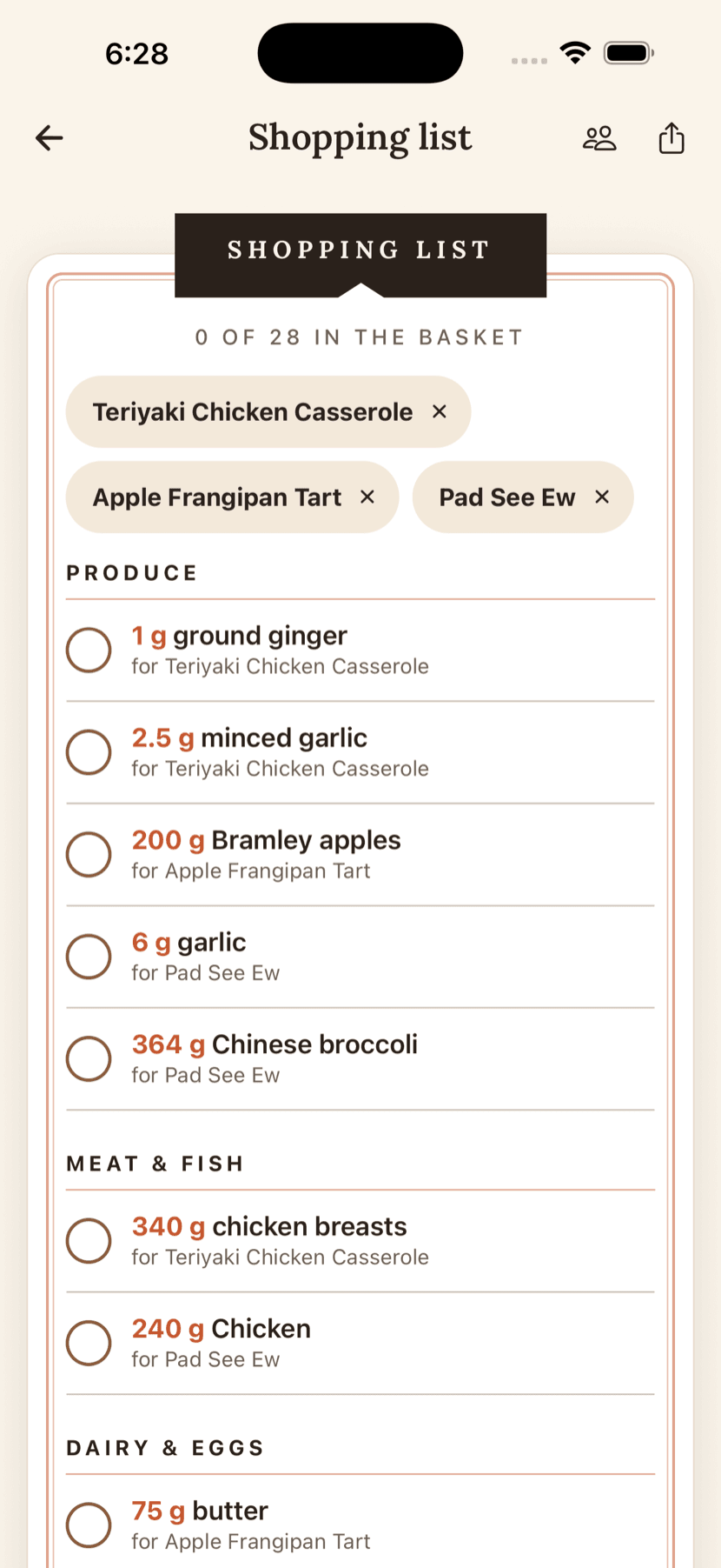 Otto's shopping list: 28 items built from three planned dishes, grouped by aisle — produce, meat and fish, dairy and eggs — each noting the recipe it's for.