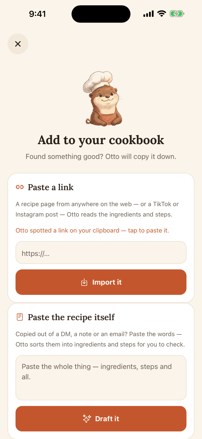 Otto's add screen: paste a link to import a recipe from the web, TikTok or Instagram, or paste the recipe text itself for Otto to draft.