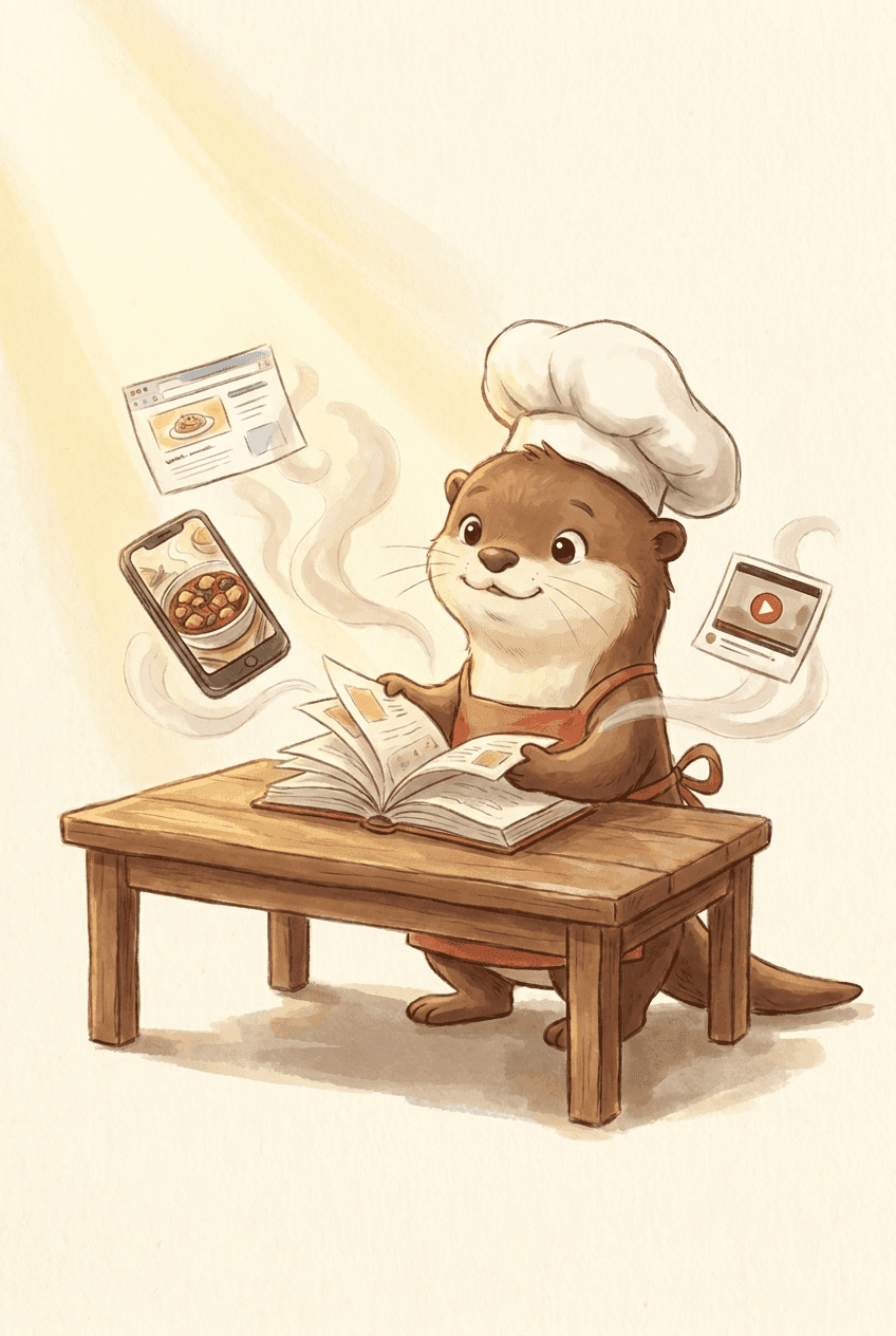 Painted illustration of Otto the otter chef at a kitchen table, gathering recipes from a web link, a photo and a video into one open cookbook.