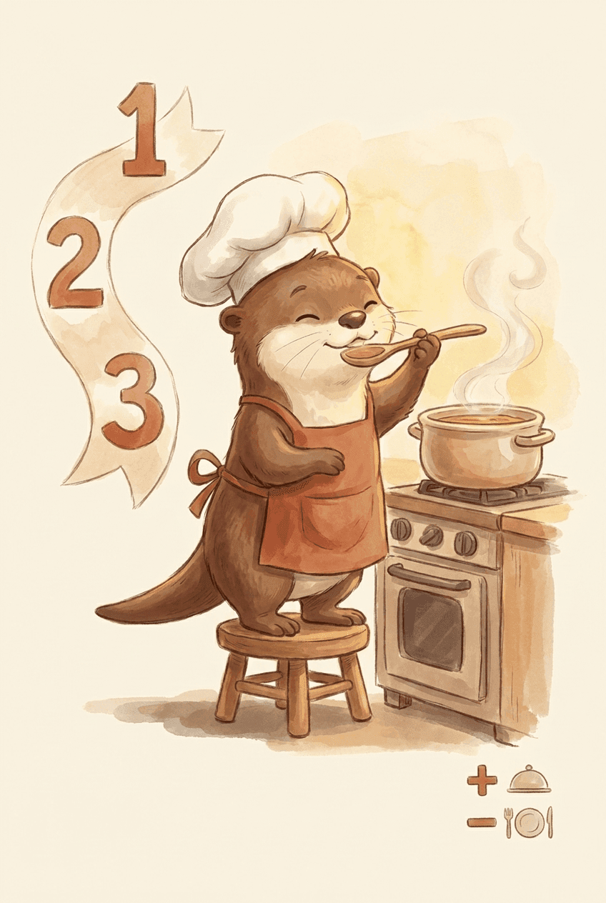 Painted illustration of Otto tasting from a pot at the stove, beside a ribbon of numbered cooking steps and a serving counter.