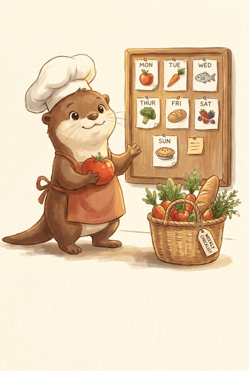 Painted illustration of Otto beside a seven-day week board, the week's ingredients gathering into a market basket with a checklist.